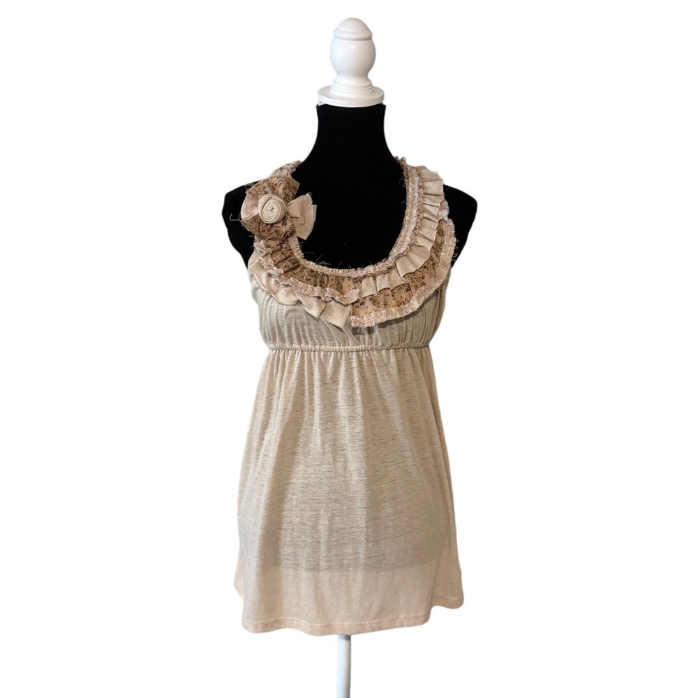 NWT Blue Bird Womens M Beige Ruffle Floral Rosette Babydoll Tank Top Boho Tunic